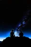 Placeholder: black background on a mountaintop with two silhouettes of a fit man and a silhouette of a fit woman sitting beside each other looking at the stars