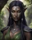 Placeholder: Druidic, majestic, mongolian facial features, brown skin, green eyes, dark elf, drow, elf, black hair, druide, dirty brown dress, mystic, soft light, nature, shabby, natural, garden, magical, fantasy, realistic, no jewellery