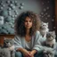 Placeholder: Portrait of woman with curly hair sitting in room full of clouds and fluffy kittens