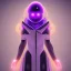 Placeholder: Cute girl in a robotic hijab suit, purple and pink backlight, orange lighting, profile