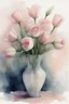 Placeholder: A watercolour and ink drawing of A vase of pale pink roses and pink and white tulips in the style of artist John Lovett