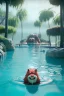 Placeholder: Realistic pool scene. big furry monster into water. Wes Anderson style. Red hair, smile, happy, gradient color fog. highly detailed, concept art, unreal engine 5, ray tracing, RTX, lumen lighting, ultra detail, volumetric lighting, 3d, finely drawn, high definition, high resolution.