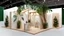 Placeholder: Corner exhibition stand in light colors with wood elements and greenery with two meeting areas