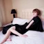 Placeholder: Realistic photo Russian shorthair beautiful 20-years tomboy boyish boylike young wife wide hips in black nightgown in hotel