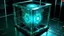 Placeholder: Cube tesseract from movie Loki. Tesseract size must be third part of image size. Located strictly in the middle of picture with space around it and with navy blue/green glow inside tesseract. Without surface/table on which it stay.