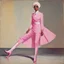 Placeholder: [Kupka] cheikh Zayed in a pink battlesuit pink gloves and pink high heel boots. The Ministry of Silly Walks.