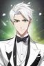 Placeholder: Young man with white hair, well-groomed, green eyes, smiling, friendly, wearing a tuxedo, RWBY animation style