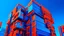 Placeholder: cyberpunk, A modern abstract building with bold orange and blue geometric shapes against a blue sky background, vaporwave, neon colors, science fiction, detailed scene