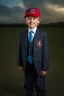 Placeholder: facial portrait - 10-year-old Donald Trump is posing for his school picture - wearing a three-piece suit and a red MAGA sports cap - Sparkling, Sky blue Background, professional quality studio 8x10 UHD Digital photograph by Scott Kendall - multicolored spotlight, Photorealistic, realistic stock photo, Professional quality Photograph. colored Fog