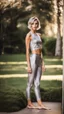 Placeholder: anorexic yoga woman, androgynous, model body, satin silver leggins, satin silver yoga top, standing towards camera, medium length wavy bob haircut