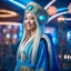 Placeholder: (masterpiece, best quality, 8k, RAW photo, beautiful and aesthetic:1.2), complex detail, Indirect light, photorealistic, (((full body))), 2 Gorgeous Cosmic russian asian goddess smiling, long curved blonde hair, blue eyes, Mixed, sci-fi and traditional russian outfit with white furs and chapka, colorfull Sci-Fi environment