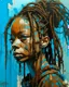 Placeholder: arafed minimal crude sketchy, abstract acrylic and ink painting: gritty post-apocalyptic portrait of a Black woman with dreadlocks and a mechanical headpiece. Her crude and vague face features dirt and bright blue paint. She wears distressed brown clothing against an abstract background of vertical cyan and brown paint streaks