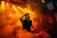 Placeholder: nedsliten sunkig techno club, mycket scen rök i lokalen, och gula röda strobes, en Neon Skylt med texten "DJ ROY" på väggen, DJ Roy skriker rätt in i kameran, och headbangar, euforisk