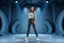 Placeholder: modern stage with gray-blue theme artistic decoration , color full dynamic lighting, a beautiful lady in pants and blouse with shining silver jewels sport shoes idle pose, 3D recursive fractal structure animating background