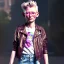 Placeholder: Tilda swinton toddler, full body, leather jacket, floral shirt, floral skirt, Nike sneaker, soft skin, city background, dramatic lighting, hyper realistic