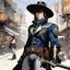 Placeholder: (in the style of Orion, by Masamune Shirow) a cowboy ready for the duel in main street