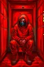 Placeholder: A scary gothic person sits quietly in the middle of a soundproof, padded room conveying intense dramatic emotions in a muted environment, wearing a bright red straitjacket , a mask to cover the mouth area of cannibal evil scary, dark and gothic look, cold eyes, eary ultra detailed,.32k, digital art style with messy paint, hardened sealer appearance, impasto, dramatic Arial view with explosive chaotic background