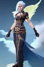 Placeholder: blue sky clouds, blonde steampunk angel in a flowing gown, majestic