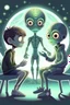 Placeholder: alien and a boy sitting on a bench. alien isshowing boy with his alien hand the universe that boy never saw with his human eyes. there are geometric stuff all around and some planet stuff. boy and alien are friends. realistic style