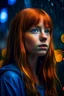 Placeholder: a teen girl with long flowing ginger hair and a fringe going to the side and looking upwards with deep dark blue eyes which reflect the background of multicoloured raindrops falling around her