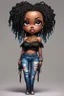 Placeholder: create a colorful abstract comic book art image 8k of a chibi curvy black female wearing torn jeans pants with fringe on the side and a black-tie dye off the shoulder blouse. Prominent make up with hazel eyes. Highly detailed long Senegalese twist in a hair wrap