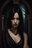 Placeholder: dark haired woman tall and curvy. hardness about her expression. scowling realist darkfantasy inside setting