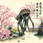 Placeholder: Create a watercolor-inspired Japanese silk painting. The main subject is an grotesque Lovecraftian amphibeous six legged monster skulking ominously in a serene zen garden. The garden is ablaze with the delicate pink color of cherry blossoms in the spring, offering a natural and vibrant contrast. Overlaid on this beautiful scene is vertical Japanese calligraphy, adding an artistic and cultural flair. The composition is dynamic, with the horrible Lovecraftian monstrosity juxtaposed against the gar