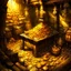Placeholder: dnd, fantasy, watercolour, large strokes, stylistic, dungeon, piles of gold, chests full of gold, opulent, grandiose