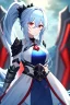 Placeholder: girl, masterpiece, best quality, cinematic lighting, detailed outfit, vibrant colors, perfect eyes, red eyes, long hair, light blue hair, messy hair, hair between eyes, depth of field, ray tracing, ponytail, armored dress,