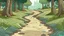 Placeholder: Cartoon style Forest with trees, muddy footprints on the path, creek a little bit on the left