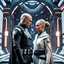 Placeholder: a bold and heroic bald male Corellian pilot in black and metallic grey First Order special forces gear meets a female Jedi Master in ancient, mystical temple, hyperdetailed, dynamic lighting, hyperdetailed background, 8k resolution, volumetric lighting, light skin, fully symmetric details