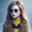 Placeholder: Girl with long wavy brown blond hair, yellow hawk eyes. Wears Hogwarts Hufflepuff uniform and sunglasses with a yellow clip.