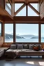 Placeholder: Intérieur Maison montagne design bois et béton. Grand canapé couleur écru devant baie en verre avec vue sur montagnes avec neige. Lumière soleil couchant