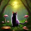 Placeholder: Black cat sitting, mushrooms in a psychedelic forest