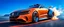 Placeholder: a military fighter jet station wagon hybrid designed by volkswagen only one vehicle per image painted metallic orange traveling at a high rate of speed, jet intake off of front center of vehicle and jet exhaust out the rear with bright blue flame