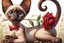 Placeholder: realistic illustration funny goofy, whimsical, caricature of a sleek siamese kitten with brown ears, laying down on its belly, back legs crossed, a paw stretched out in front, holding a red rose in his mouth, flowery background with long pale grass background. Textured painterly fantasy artistic Cartoon