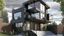 Placeholder: Architectural rendering of a modern two-story house with a brick facade and black trim, large windows, and an open floor plan, under a cloudy sky. The house has a cantilevered section supported by black pillars, and a dark-haired woman wearing a gray shirt and jeans stands in front of the house. The interior includes a staircase with glass railings and a dining area with green chairs. In the backg, Whimsical surrealism, Afternoon, 3D graffiti, Sustainable architecture