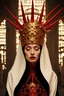 Placeholder: lady in red veils her face and has a large golden spiked crown, in the style of celestial fasion, otherworldly beauty, davide sorrenti, celestialpunk, album covers, fra angelico, aykut aydogdu, queencore, golden age aesthetics --s 750 --v 6. 0 --ar 10:13