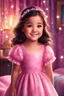 Placeholder: Digital painting of a beautiful little girl in a gorgeous pink dress, front view, Agnes face, smile, dark hair, bright eyes, cute face, adorable cute girl, cozy room in the background, Sparkles, Disney art, digital painting style, High quality, 4k