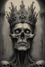 Placeholder: The face of an old men king with a skulls crown, a thin line draw ، front view camera, decayed and rotting with grotesque proportions and imagery. surreal horror, biomechanical design, by hr giger and beksinski , fine lines draw