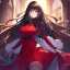 Placeholder: Clear focus, high resolution, black long fluffy hair, red eyes, wearing a chrimstas outfit, wearing a red skirt