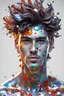 Placeholder: PAPERCUT 3d photo realistic portrait of young man, fantasy, handsome, hard eyes, glossy streaks of paint, paint blobs, shiny white transparent skin, shiny molten metalics, baubles, wild hair, high definition, octane render, 64k, 3d