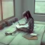 Placeholder: girl studying in room, anime style