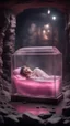 Placeholder: full body portrait of soap star sleeping in a glass casket sarcophagus filled with calm transparent pinkish embalming liquid inside coal mine shaft,bokeh like f/0.8, tilt-shift lens 8k, high detail, smooth render, down-light, unreal engine, prize winning