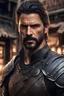 Placeholder: A portrait of a male warrior standing guard in front of a merchant shop, Adult man fusing Joe Manganiello+Manu Bennett's features, fair complexion, shoulder length hair, intense eyes, black medium leather armor, necklace, portrait, digital art, dramatic lighting, high detailed