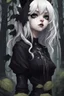 Placeholder: CAT GIRL, goth, SOULLESS, forest, nature, cartoon, leaves, half black half white hair