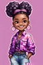 Placeholder: An Afrocentric ink wash confident thick chibi black woman with a large, highly detail sleek high bun. She smiles to the side and wearing a purple and pink tie dye blouse tied in the front, paired cargo jean pants. She accessorizes with large hoop earrings, multiple bangles, and a belt. The artwork is digital, emphasizing her fashion and confidence. .The background of pink peony flowers danging and flowing while she walks.full body 68K, futurism style