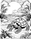 Placeholder: coloring pages for kids, Pacific island shaped Japanese ink painting,, splashed paint, tropical beach, paradise, sea turtles, yellow sun, a Polynesian warrior , Art drawing ; ink , super detailed, anime cartoon style, thick lines, low detail, black and white, no shading, --ar 85:110