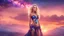 Placeholder: Full body portrait of a peaceful ((smiling)) gorgeous blonde Goddess of the galaxies with a blue indigo purple skin, high skul, luminous eyes in a galactic sunset