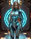 Placeholder: Beautiful woman super model long hair science fiction style humanoid half with full body cyborg mechanicals and cybernetics lights,she on standing sweet pose